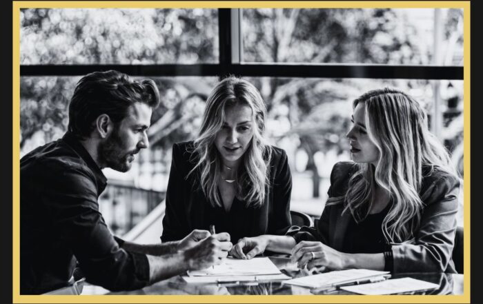 Couple reviewing a financially binding agreement with a lawyer during a consultation in Sydney